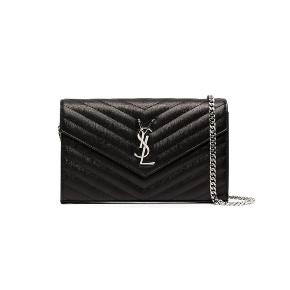YSL Chain-Strap Ysl-Plaque Grained-Leather Ysl-Wallet