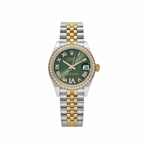 Rolex Datejust 31 278383RBR ‘Ladies’ Yellow Gold Stainless Steel Green Roman Dial Diamond Bezel