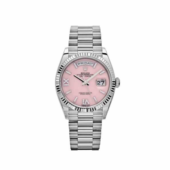 Rolex Day-Date 36 128239 White Gold Pink Opal Diamond Roman Numerals Dial