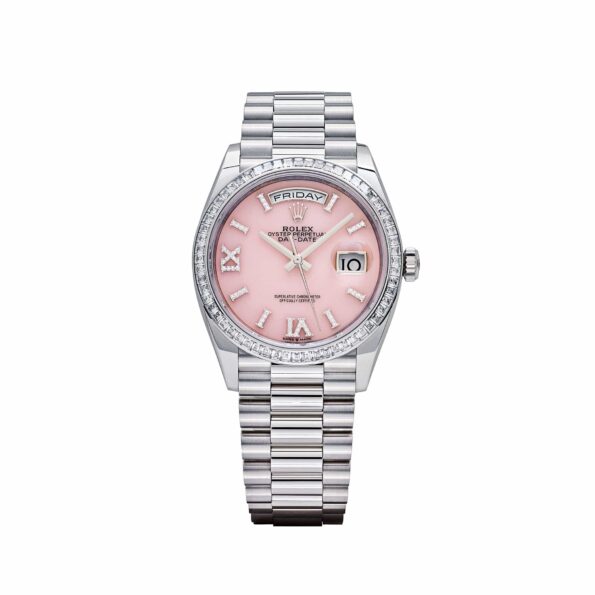 Rolex Day-Date 36 128396TBR Platinum Pink Opal Diamond Dial and Bezel