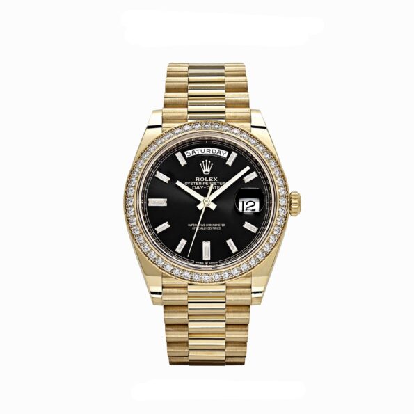 Rolex Day-Date 40 228348RBR Yellow Gold Black Diamond Dial Diamond Bezel