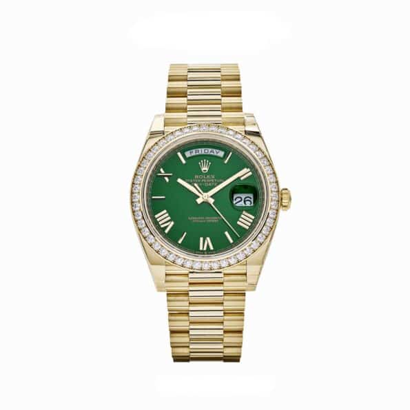 Rolex Day-Date 40 228348RBR Yellow Gold Green Roman Numeral Dial Diamond Bezel (2024)
