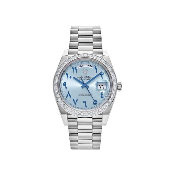 Rolex Day-Date 40 228396TBR Platinum Ice Blue Arabic Dial Diamond Bezel