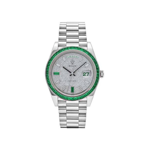 Rolex Day-Date 40 228396TEM Platinum Diamond Dial Emerald Bezel