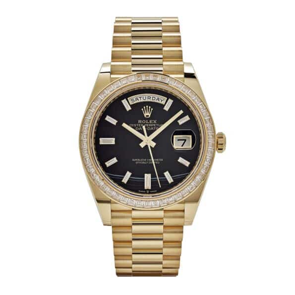 Rolex Day-Date 40 228398TBR Yellow Gold Onyx Baguette Diamond Dial Baguette Bezel (2023)