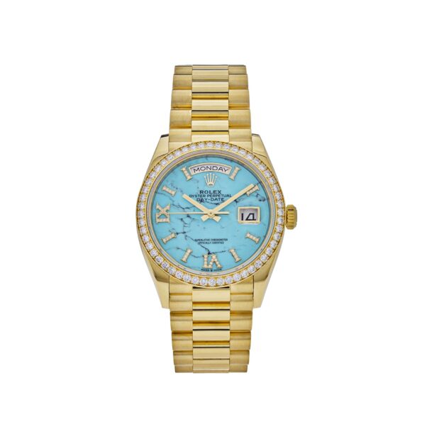 Rolex Day-Date 36 128348RBR Yellow Gold Diamond Bezel Turquoise Diamond Dial
