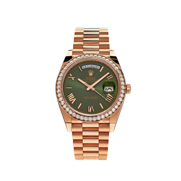 Rolex Day-Date 40 228345RBR Rose Gold Olive Green Dial Diamond Bezel